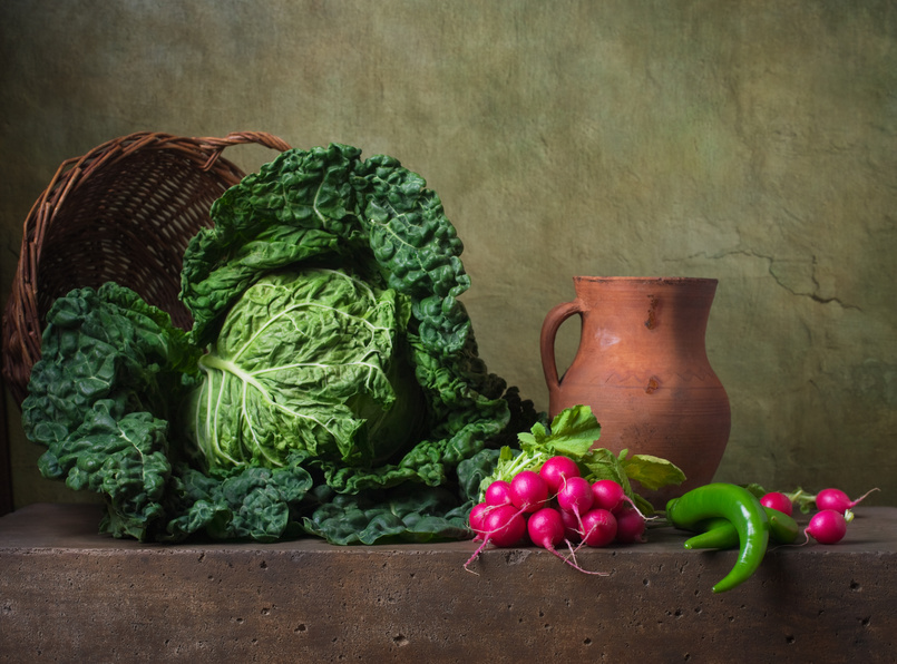 Still life with vegetables: cabbage; radish and pepper